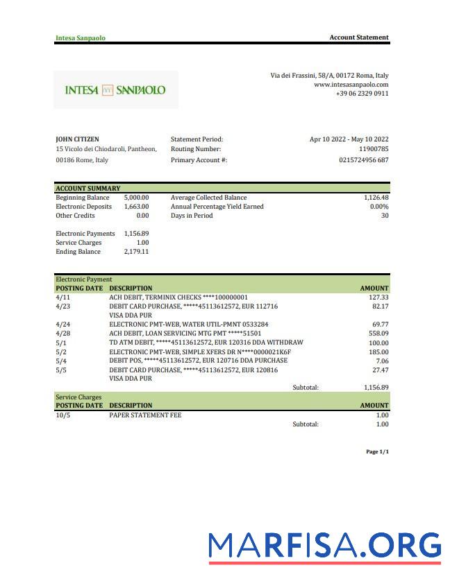 Printable Italy Intesa Sanpaolo bank statement excel sample